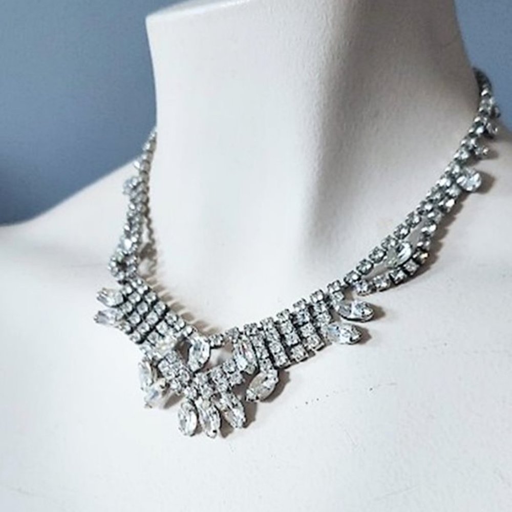 1950s True Vintage Large Bib Style Clear Rhinestone Statement Choker Necklace